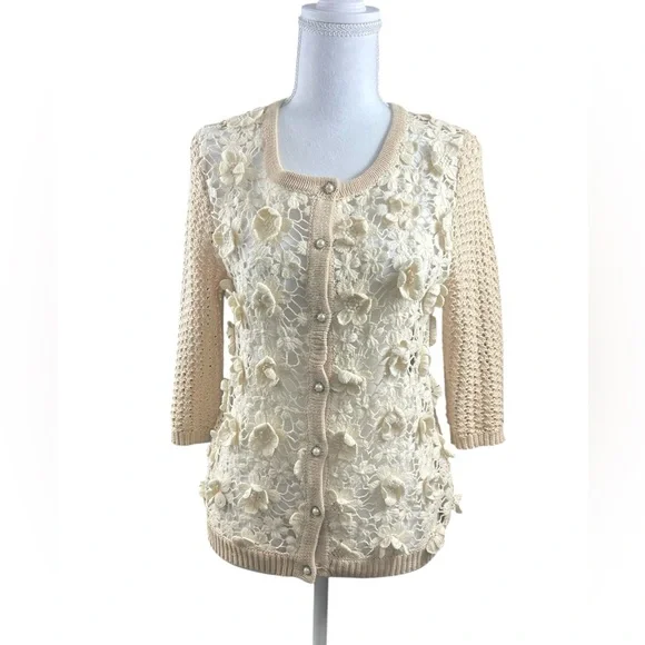 Vintage Hazel Cream Floral Crochet Cardigan Sweater Coquette Boho Grandma SMALL - Picture 1 of 7